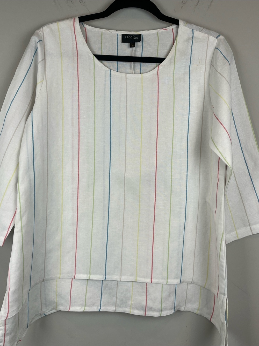 NWOT Toofan White 100% Linen Tunic Top Colorful Pinstrips Size Small